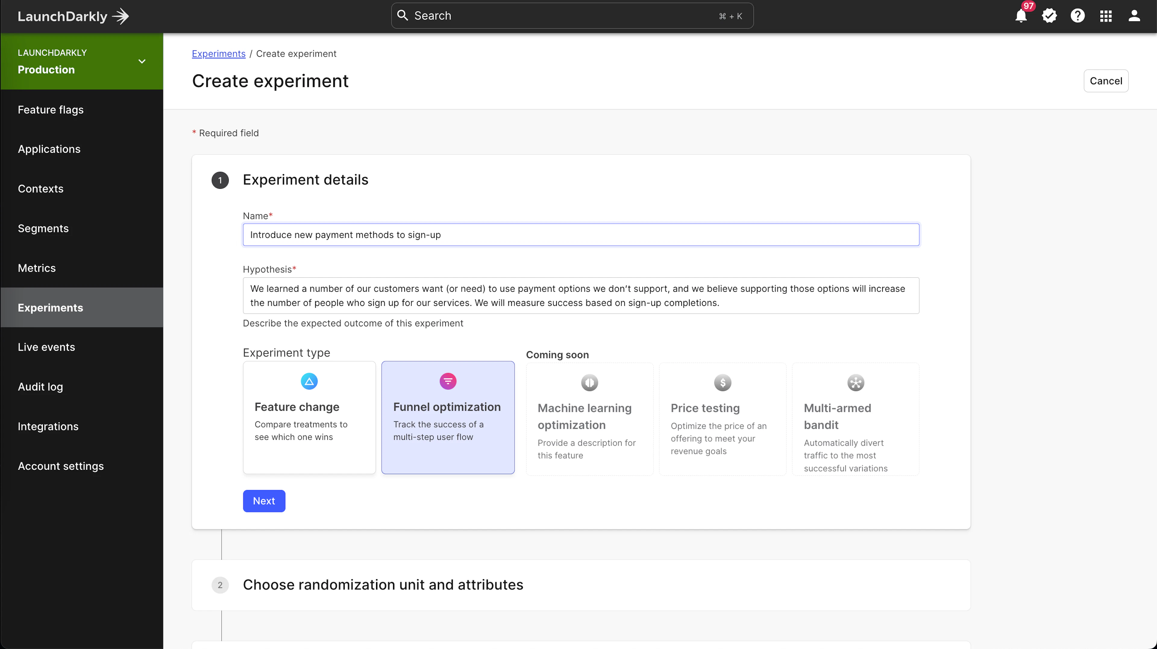 create an experiment in LaunchDarkly product UI screenshot