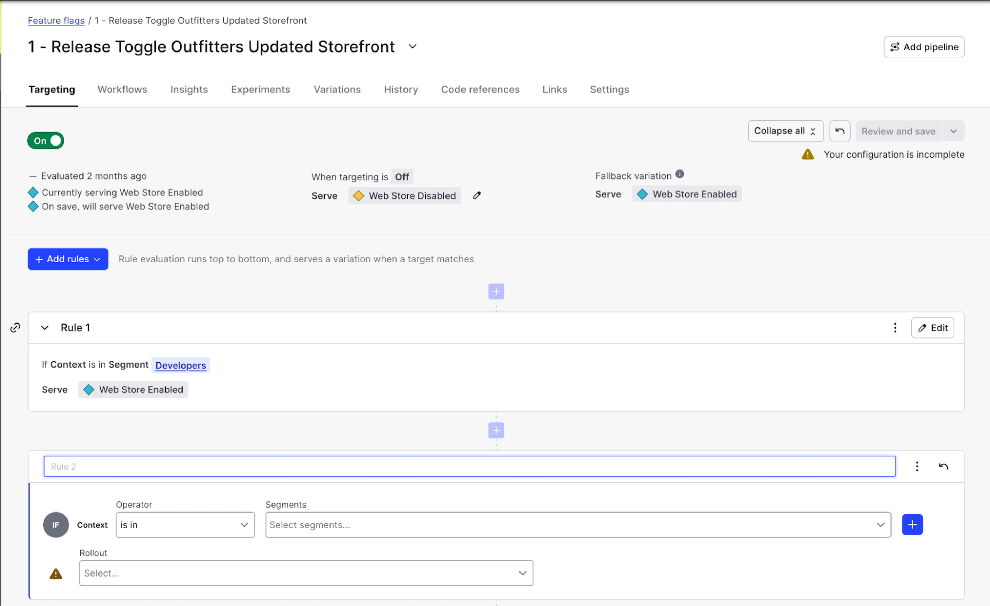 A feature flag in LaunchDarkly with one targeting rule created and adding a second