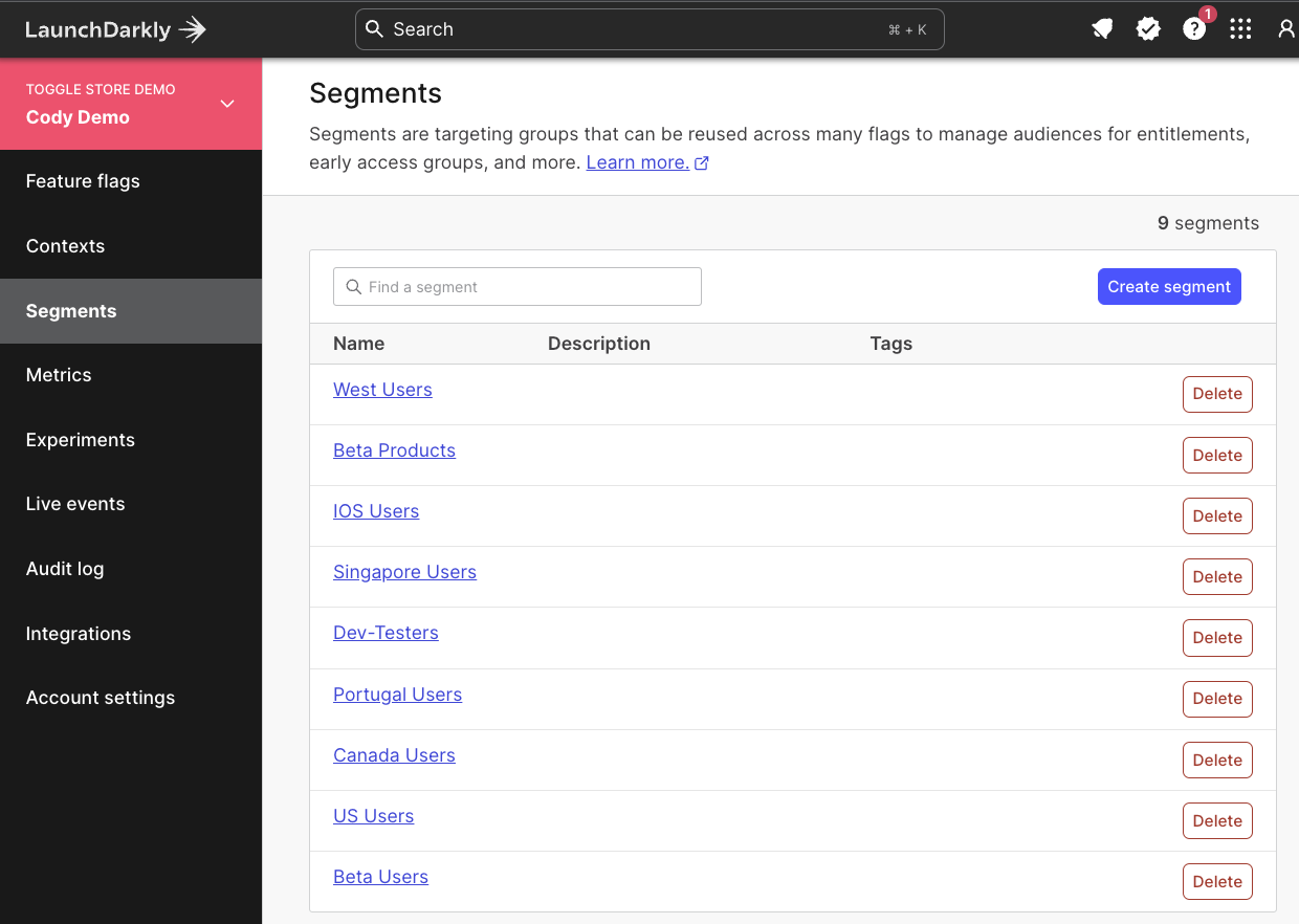 Segments in LaunchDarkly product UI