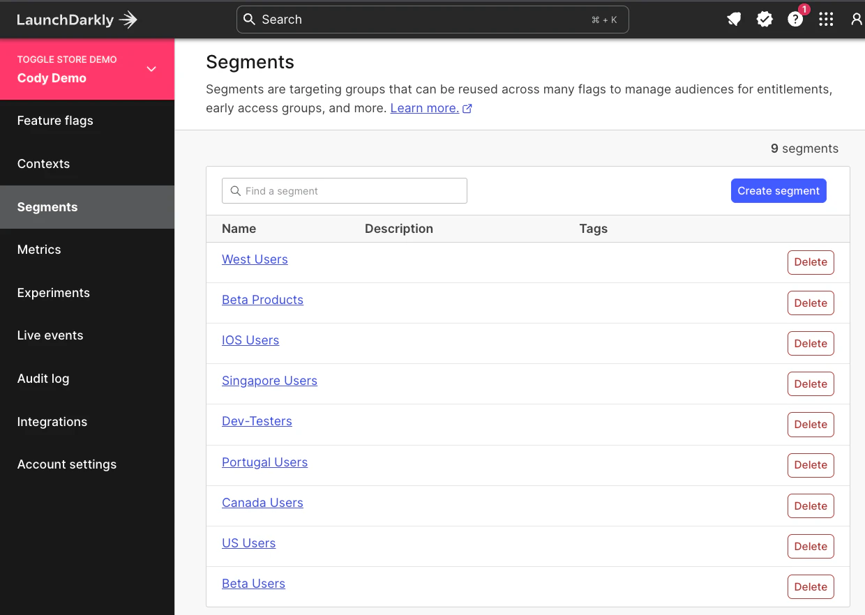 Segments in LaunchDarkly product UI