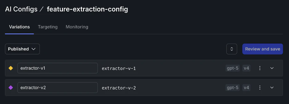 The feature-extraction-config AI Config with its variations