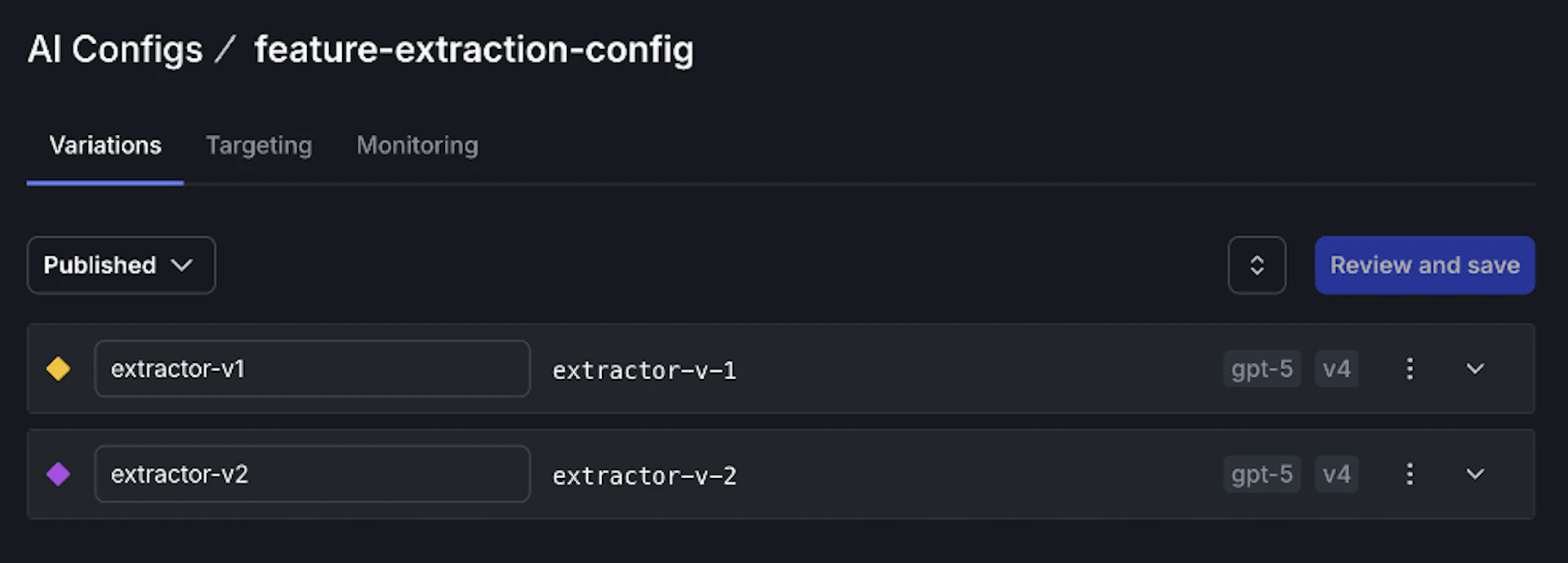 The feature-extraction-config AI Config with its variations