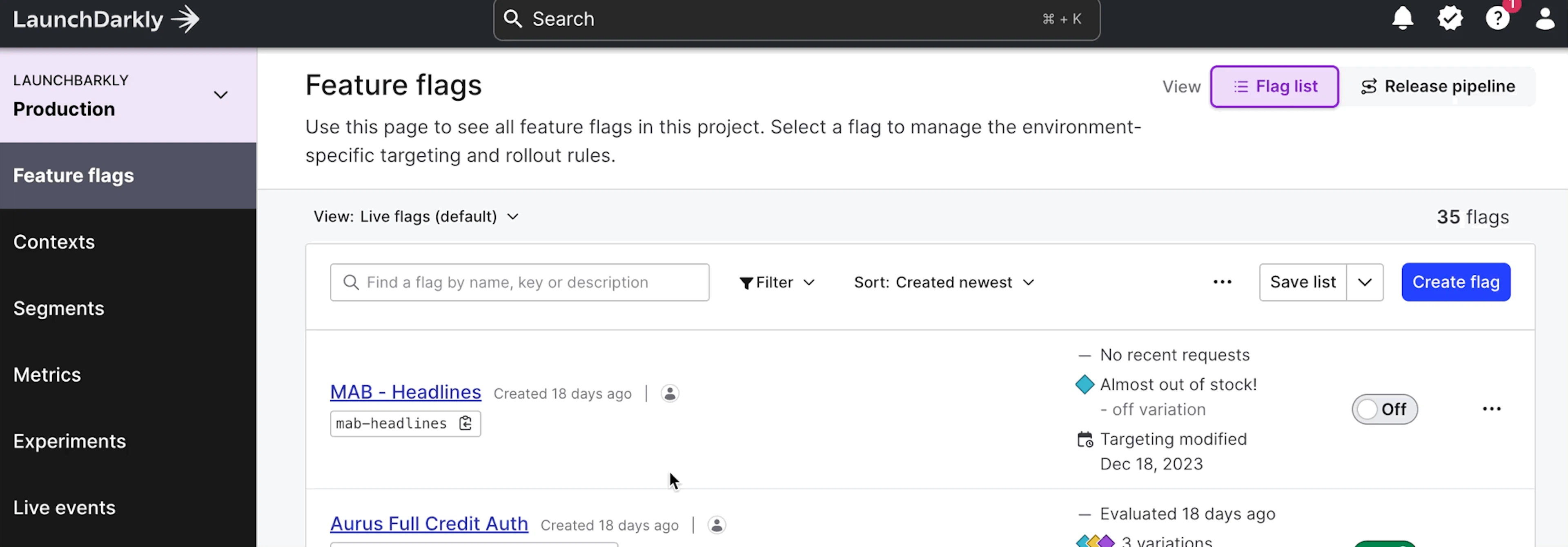 Create an experiment in LaunchDarkly gif