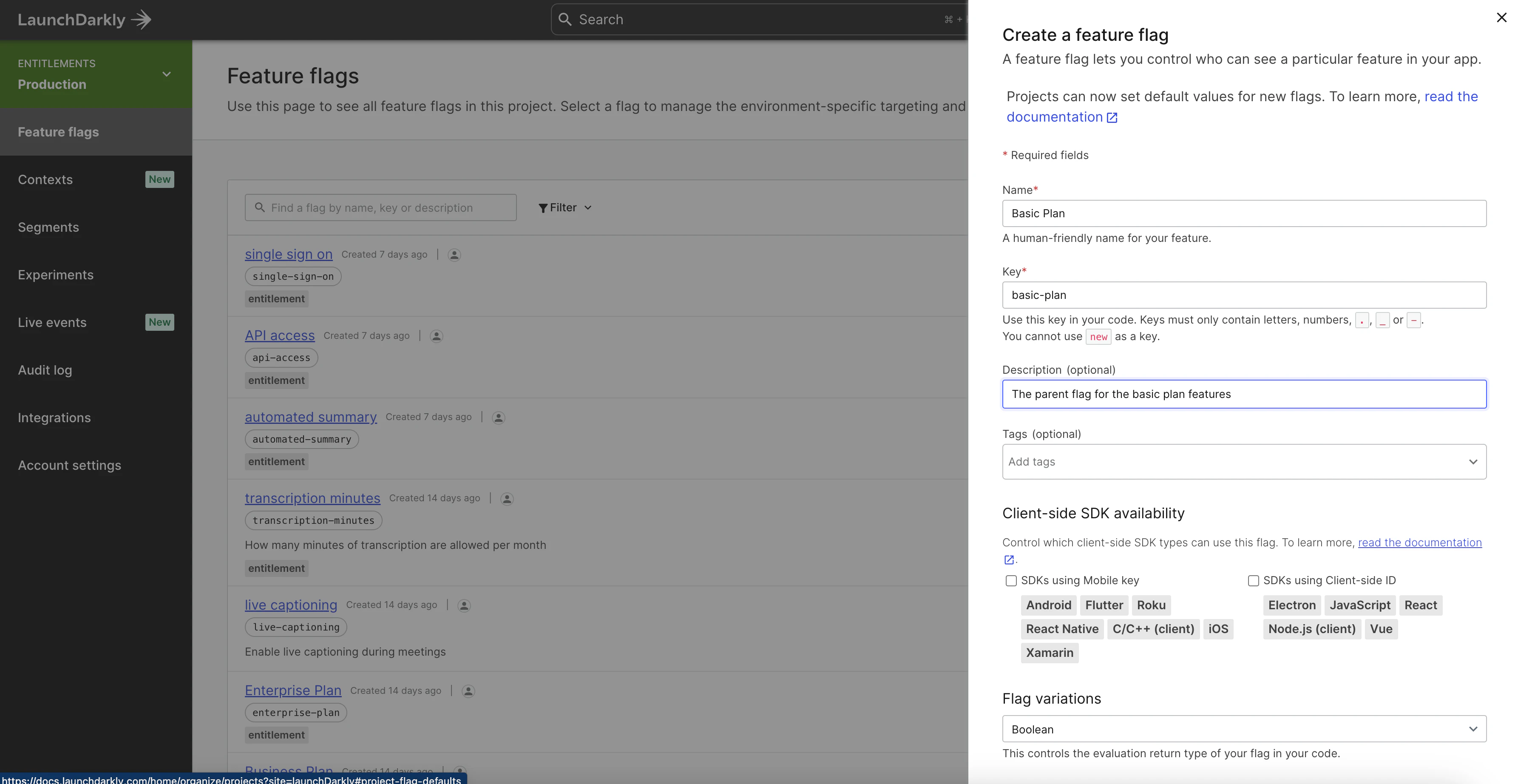 Creating a feature flag in LaunchDarkly product UI screenshot