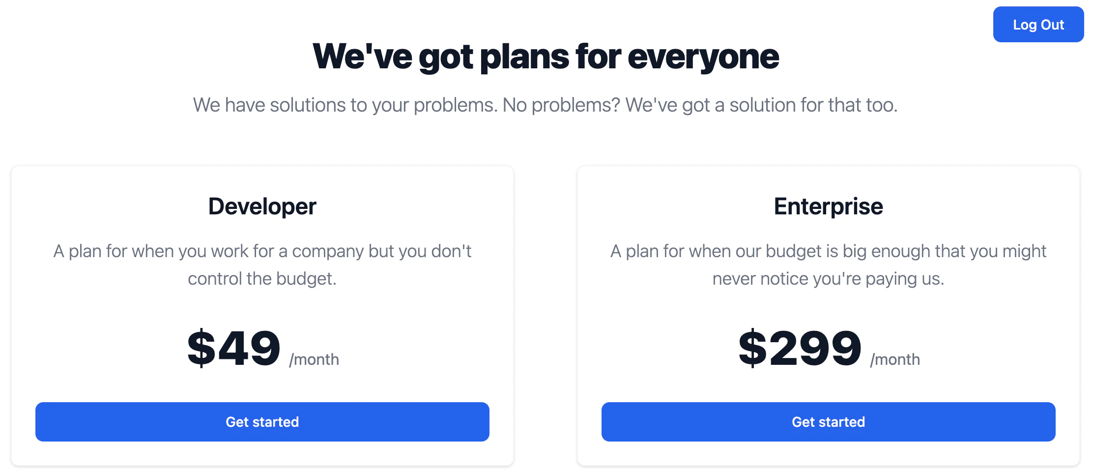 The pricing page from the example application