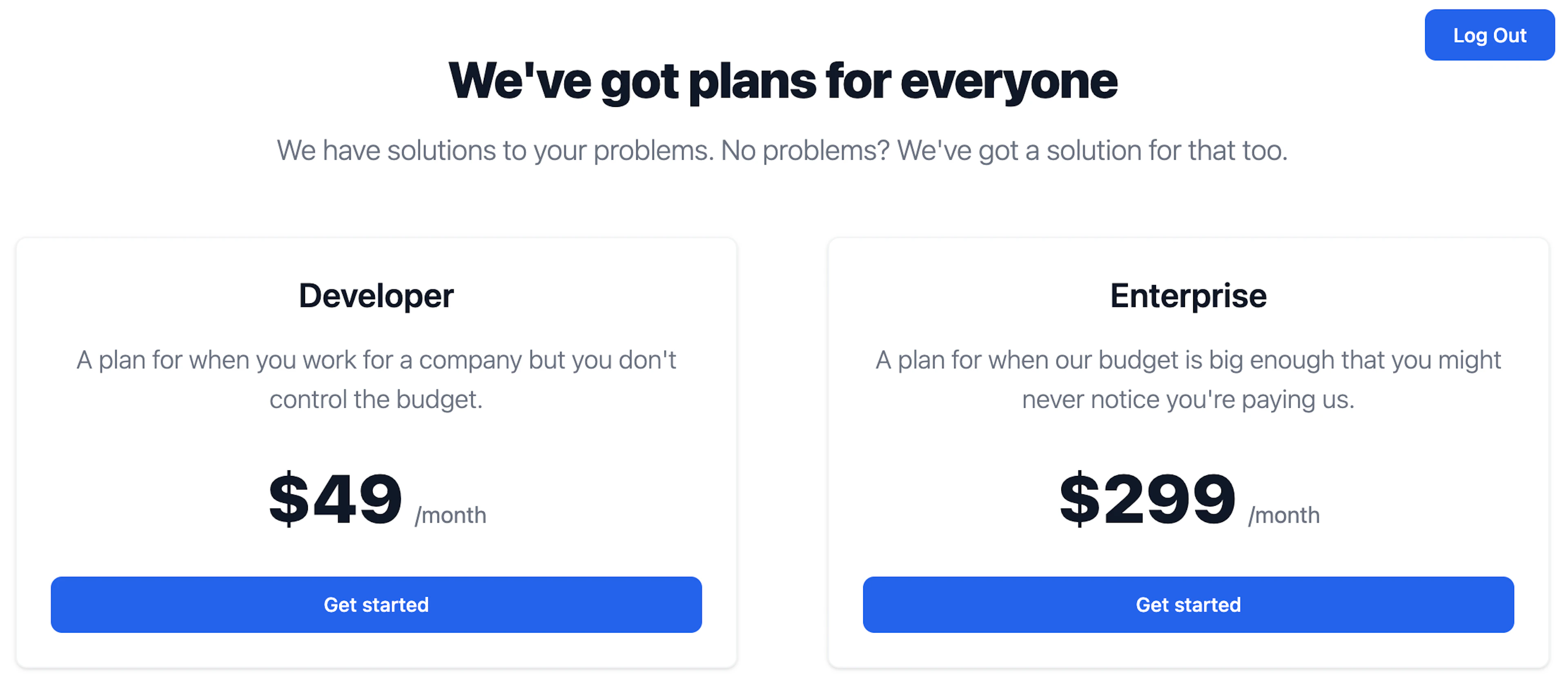 The pricing page from the example application