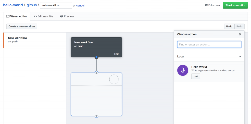 Screenshot of GitHub Actions visual editor