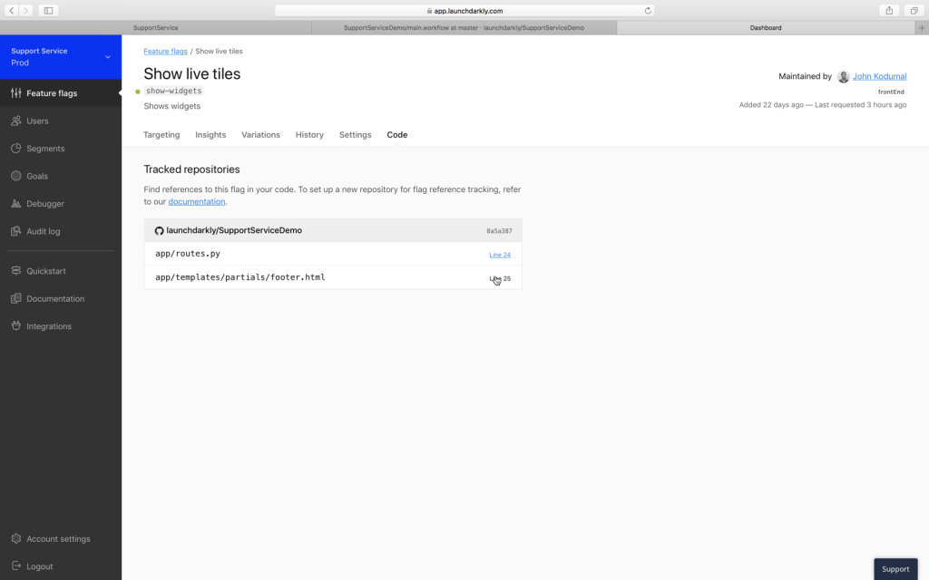 Screenshot of LaunchDarkly dashboard show live tiles
