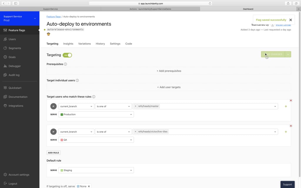 Screenshot of LaunchDarkly dashboard auto-deploy to environments