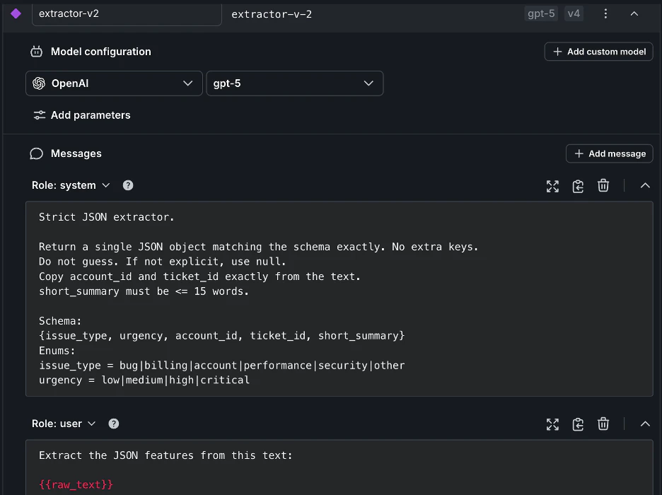 The extractor-v2 candidate variation with updated prompt wording and stricter schema validation