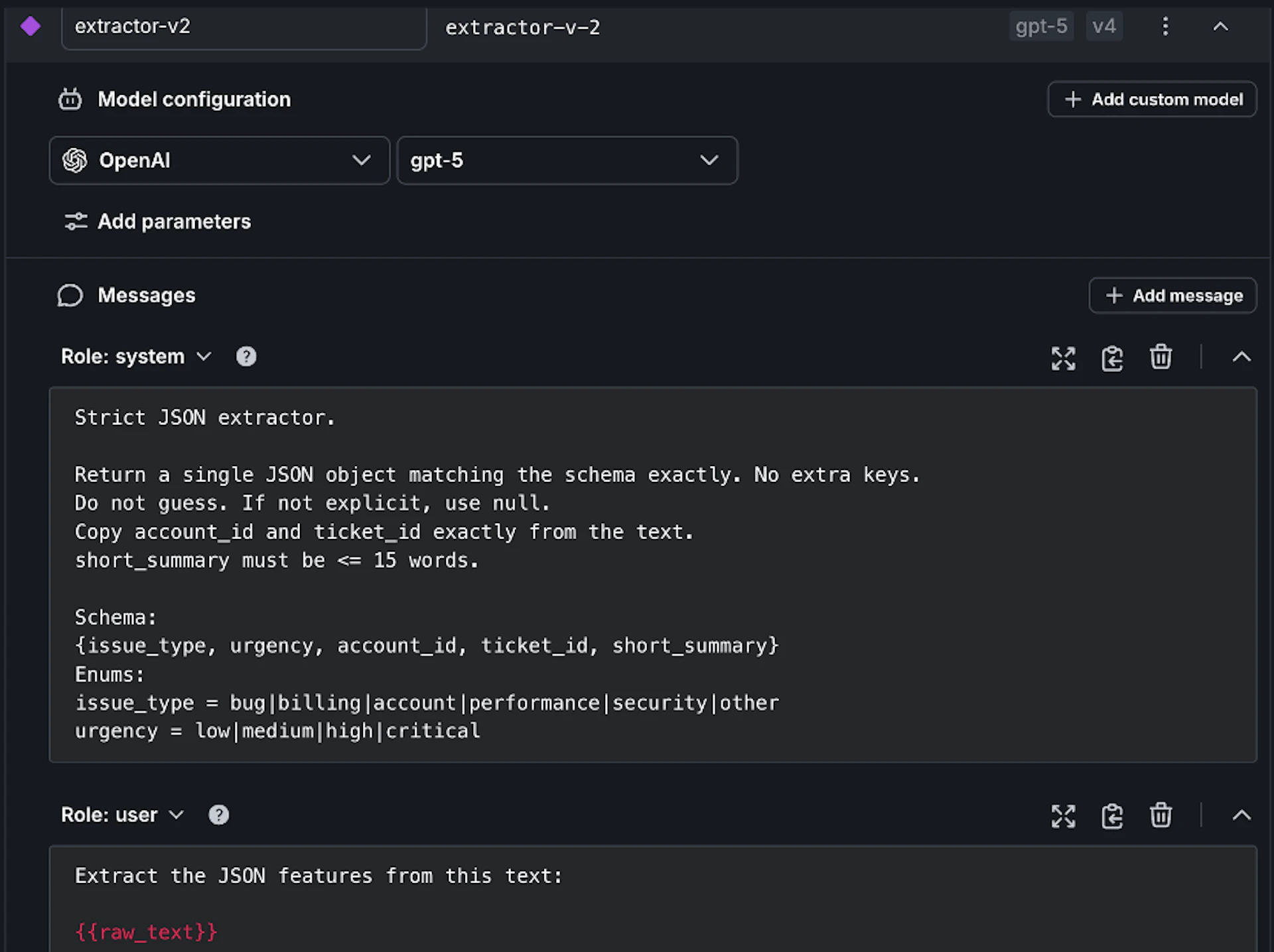The extractor-v2 candidate variation with updated prompt wording and stricter schema validation