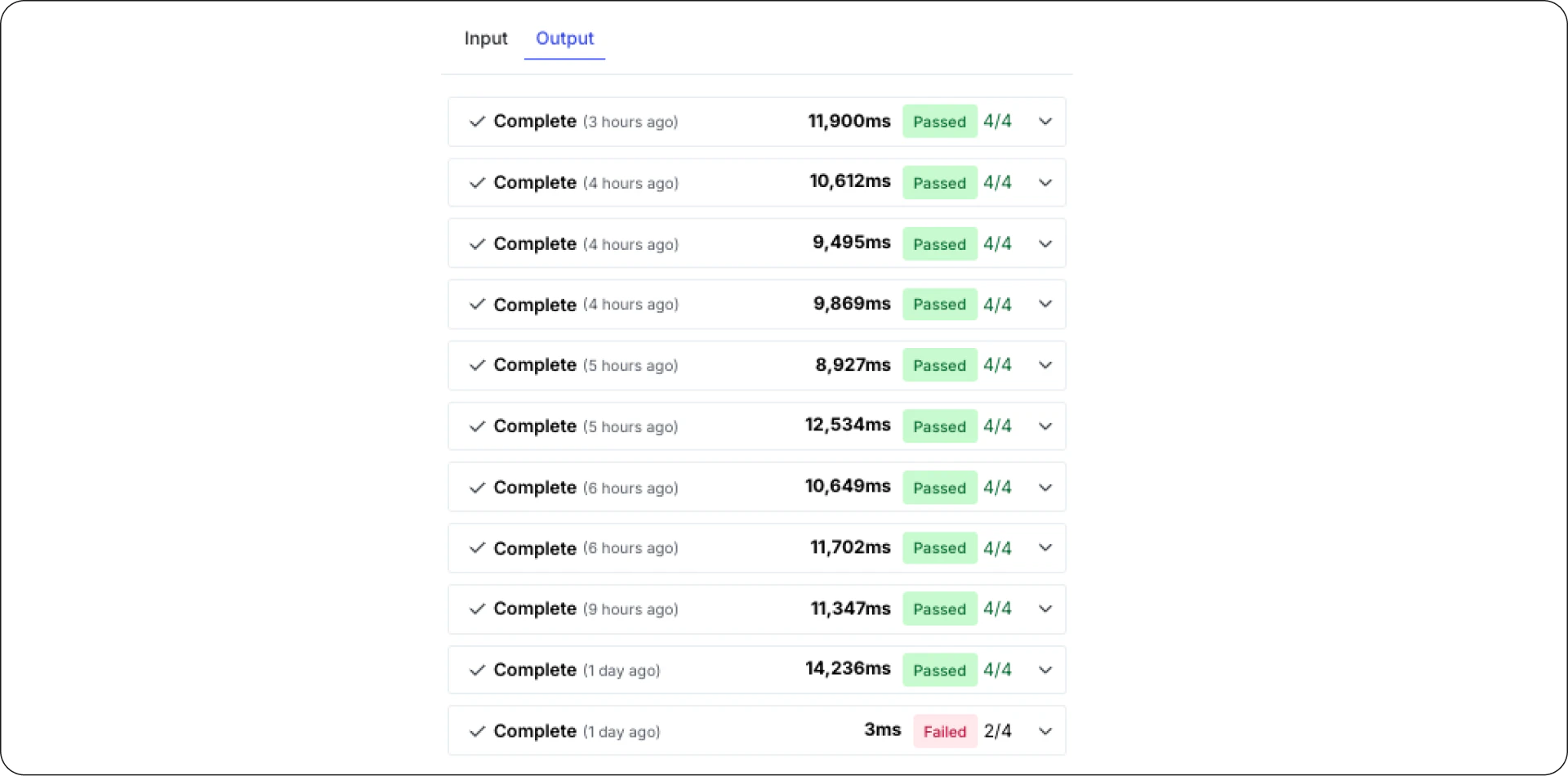 AgentControl Playground evaluation results listing each completed run with its latency and a Passed 4/4 judge score, plus one failed run