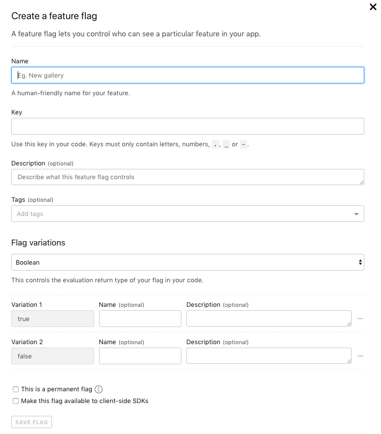 Fields from the create a feature flag page in GUI