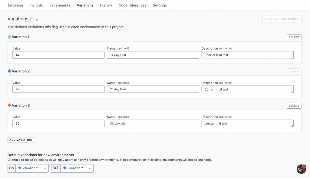 An existing flag's variations list and the configured defaults