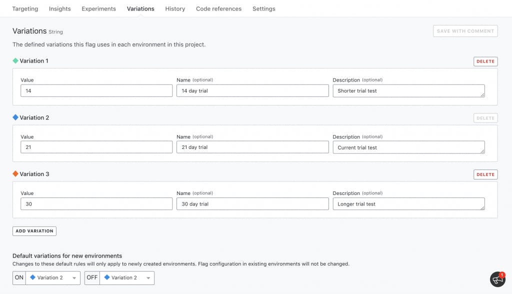 An existing flag's variations list and the configured defaults