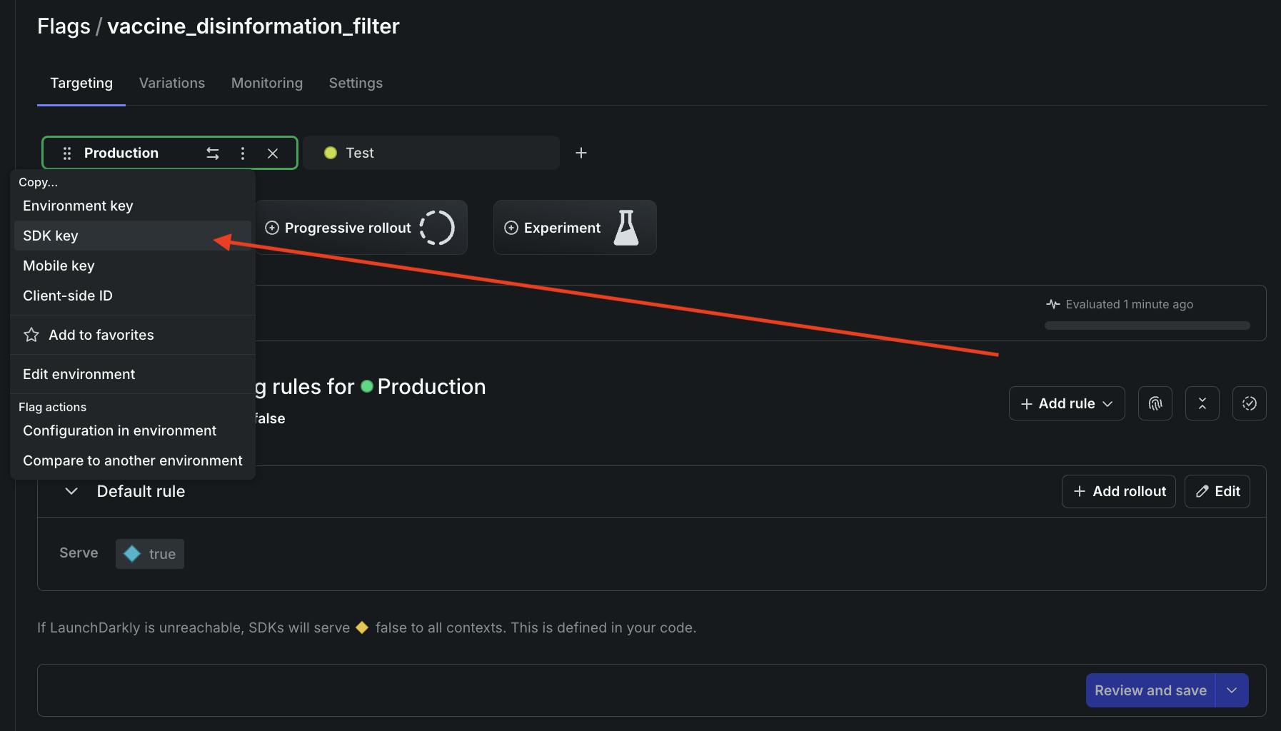 Screenshot demonstrating how to copy the SDK key after creating a flag.