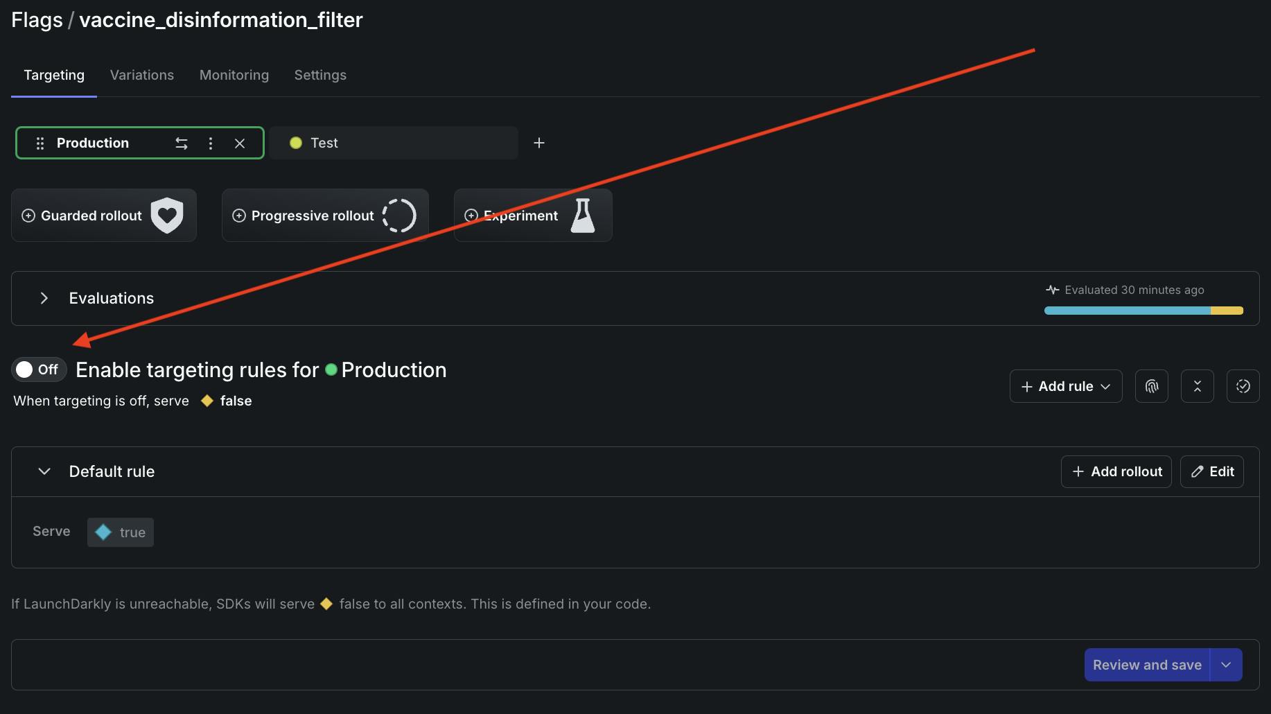 Screenshot showing how to turn on a flag to enable LLM filtering in a custom Bluesky feed.