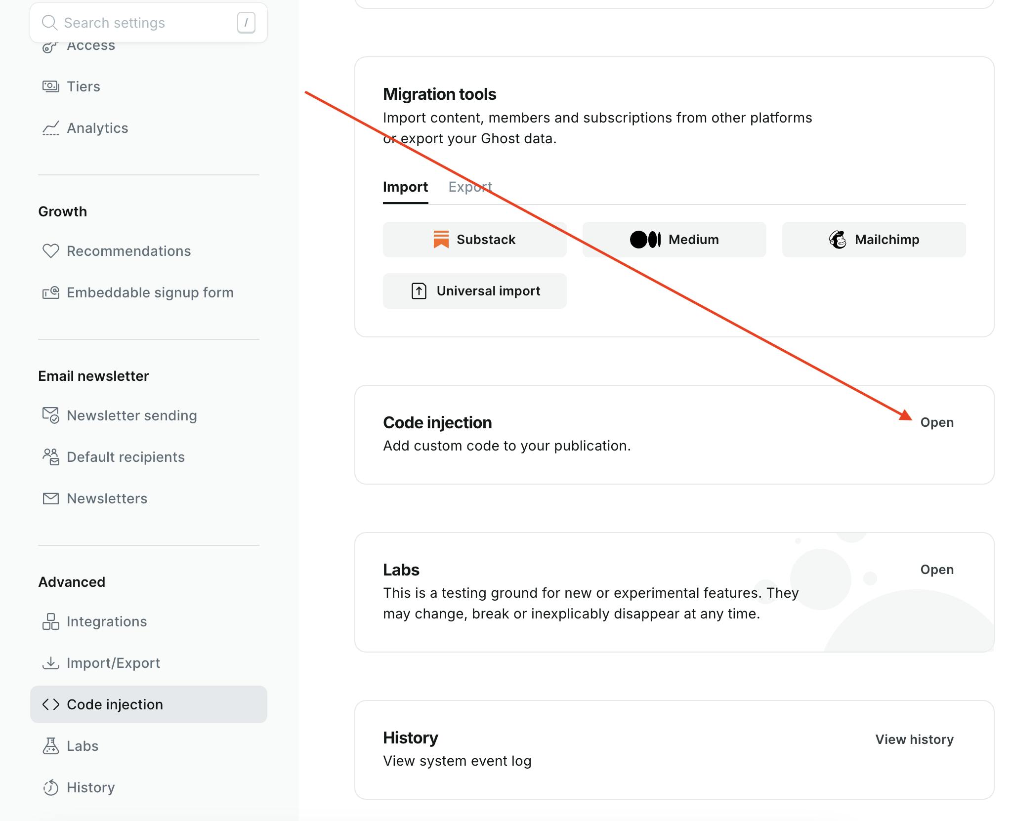 Screenshot demonstrating where to click in the Ghost settings page to get to the Code Injection screen.