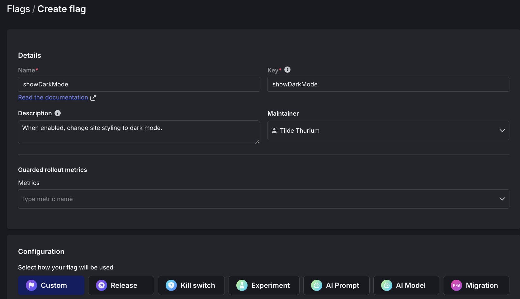 Screenshot demonstrating the initial flag configuration for the Ghost CMS showDarkMode flag.