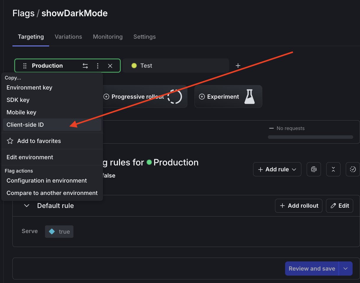 Screenshot demonstrating how to copy the client-side ID from the active environment for the Ghost showDarkMode flag.