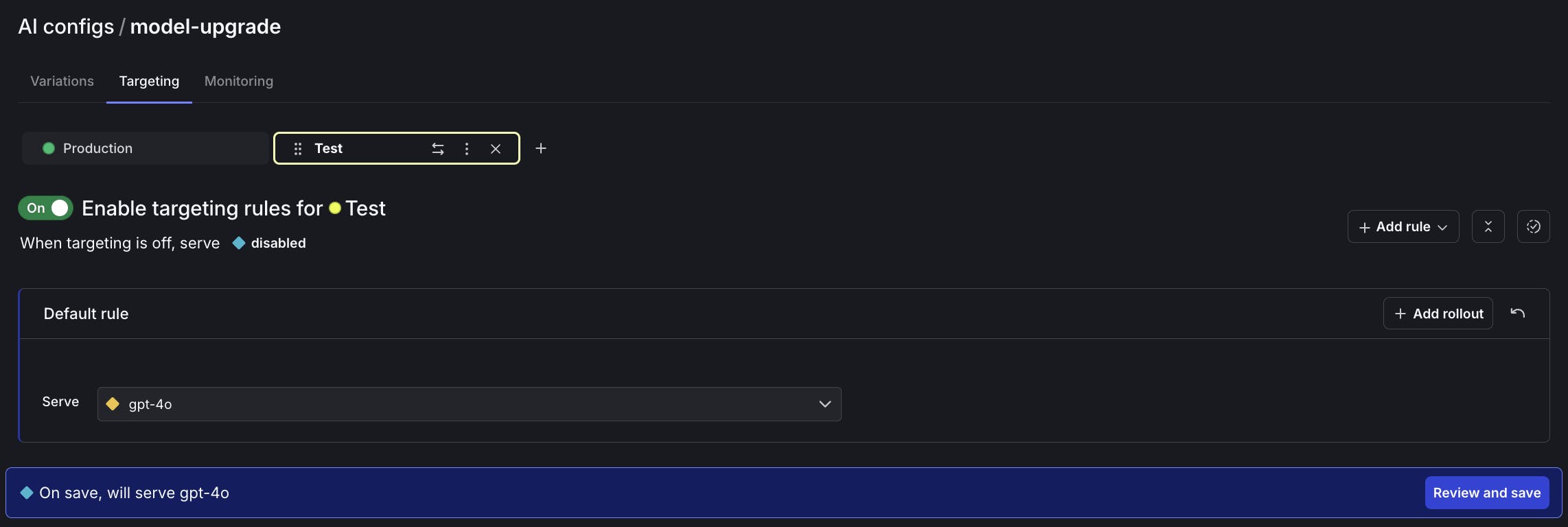 Screenshot demonstrating the default rule configuration for an AI config.