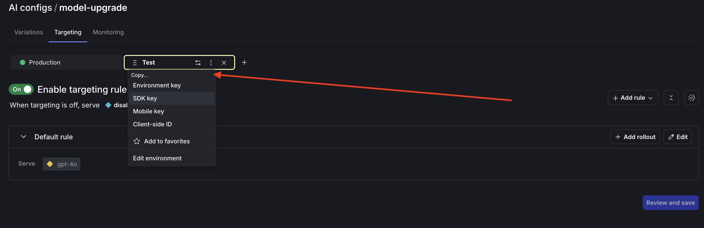 Screenshot demonstrating how to copy the LaunchDarkly SDK key for an AI config.