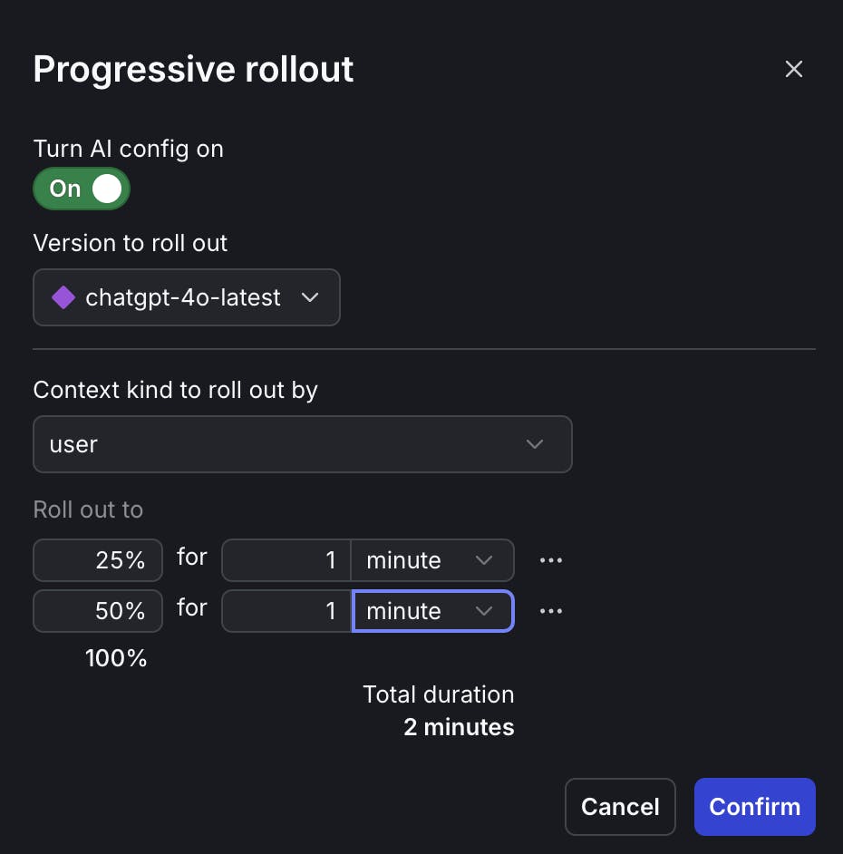 Screenshot demonstrating configuration for a speedrun through a progressive rollout.