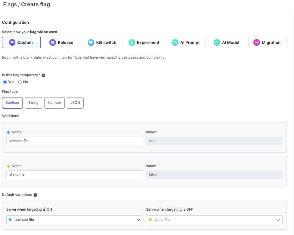 Screenshot demonstrating feature flag configuration UI.