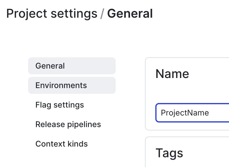 Screenshot showing general project settings in the LaunchDarkly app UI.