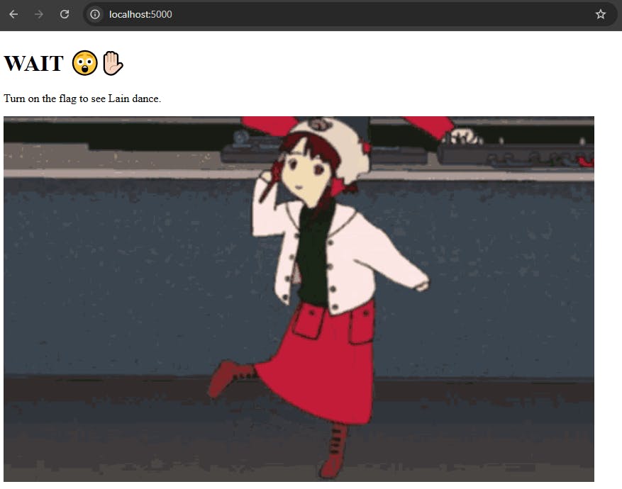 Still shot from the anime series Lain. Lain has brown hair and is wearing a pink jacket, black shirt, red skirt, red boots. She is listening with her head cocked to one side. Above the image, the text "WAIT. Turn the flag on to see Lain dance."