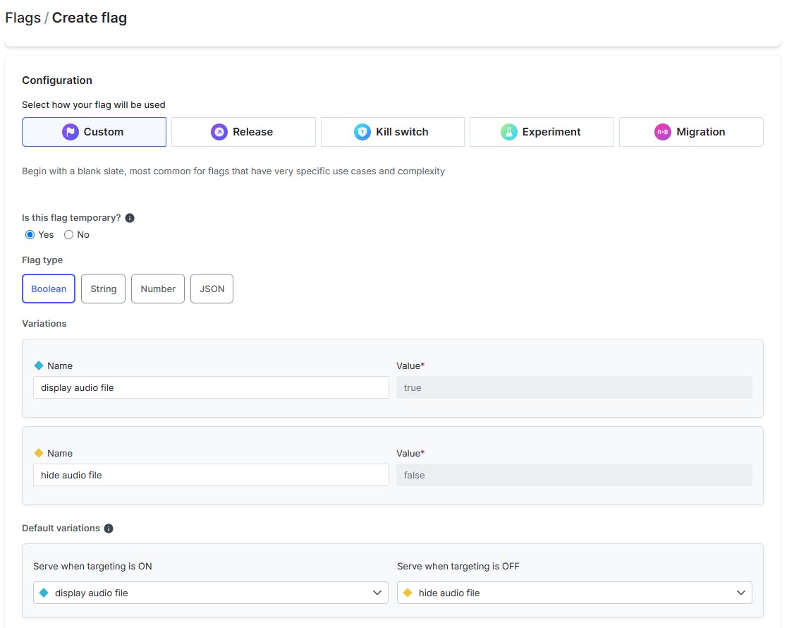 Screenshot demonstrating configuration for a feature flag to hide or display an audio file embedded in a web page.