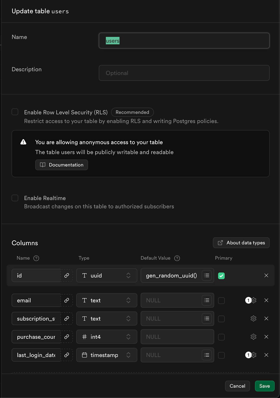 Screenshot demonstrating how to update the Users table in Supabase.