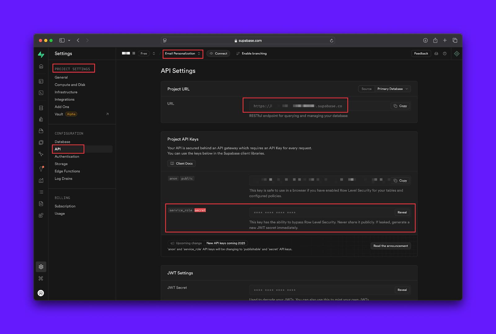 Screenshot demonstrating how to copy the Supabase role key.