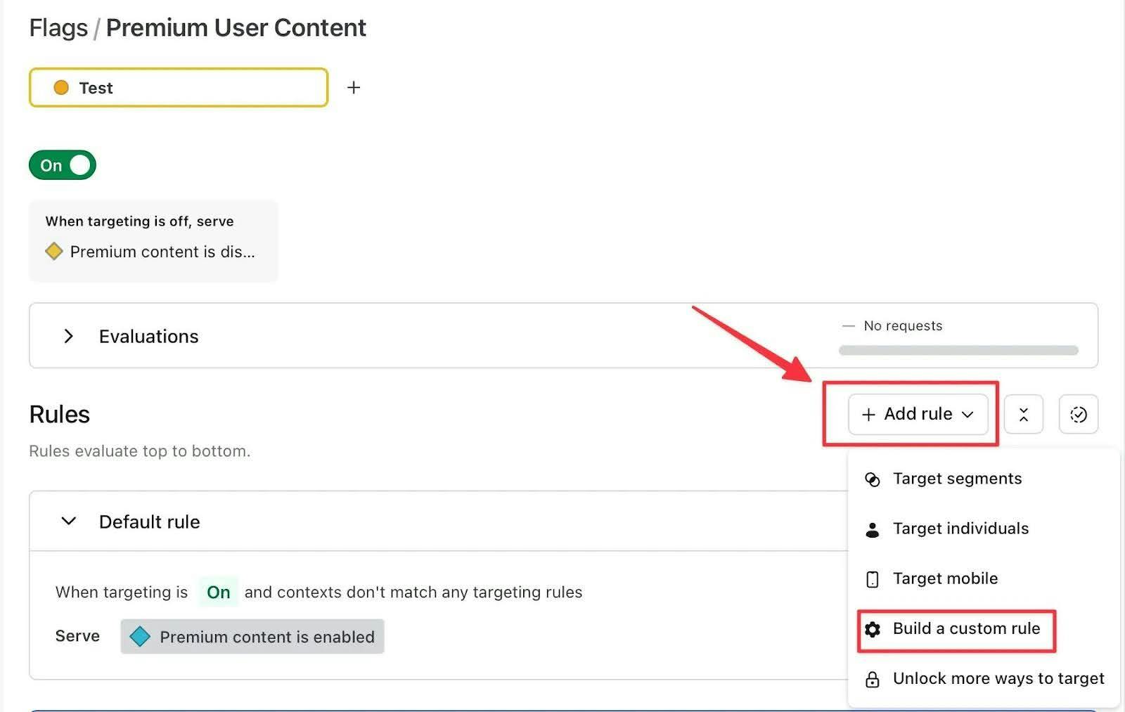 Screenshot demonstrating how to create a custom flag targeting rule on the LaunchDarkly dashboard.