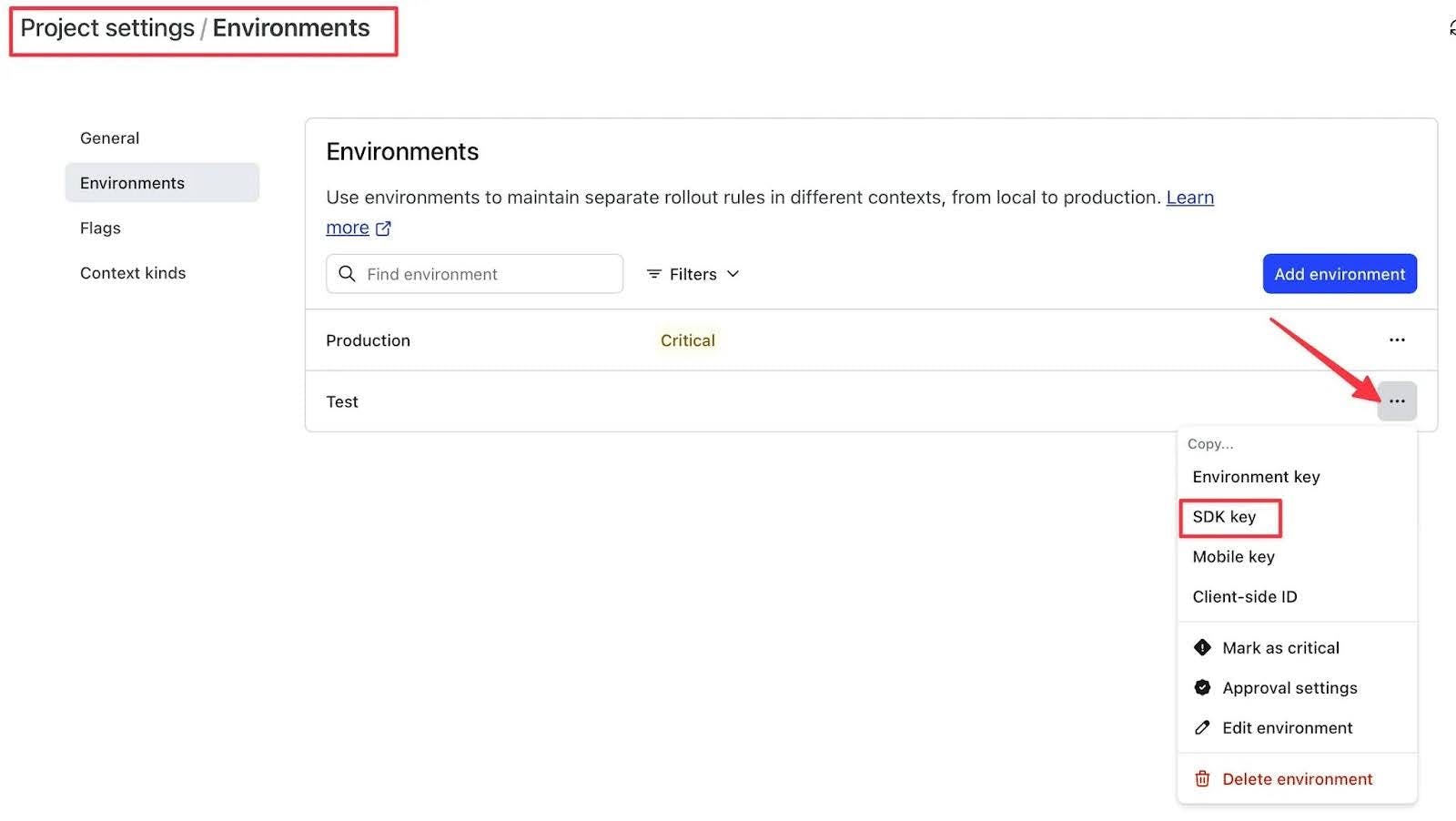 Screenshot showing how to copy your LaunchDarkly SDK key for the environment you want to use.