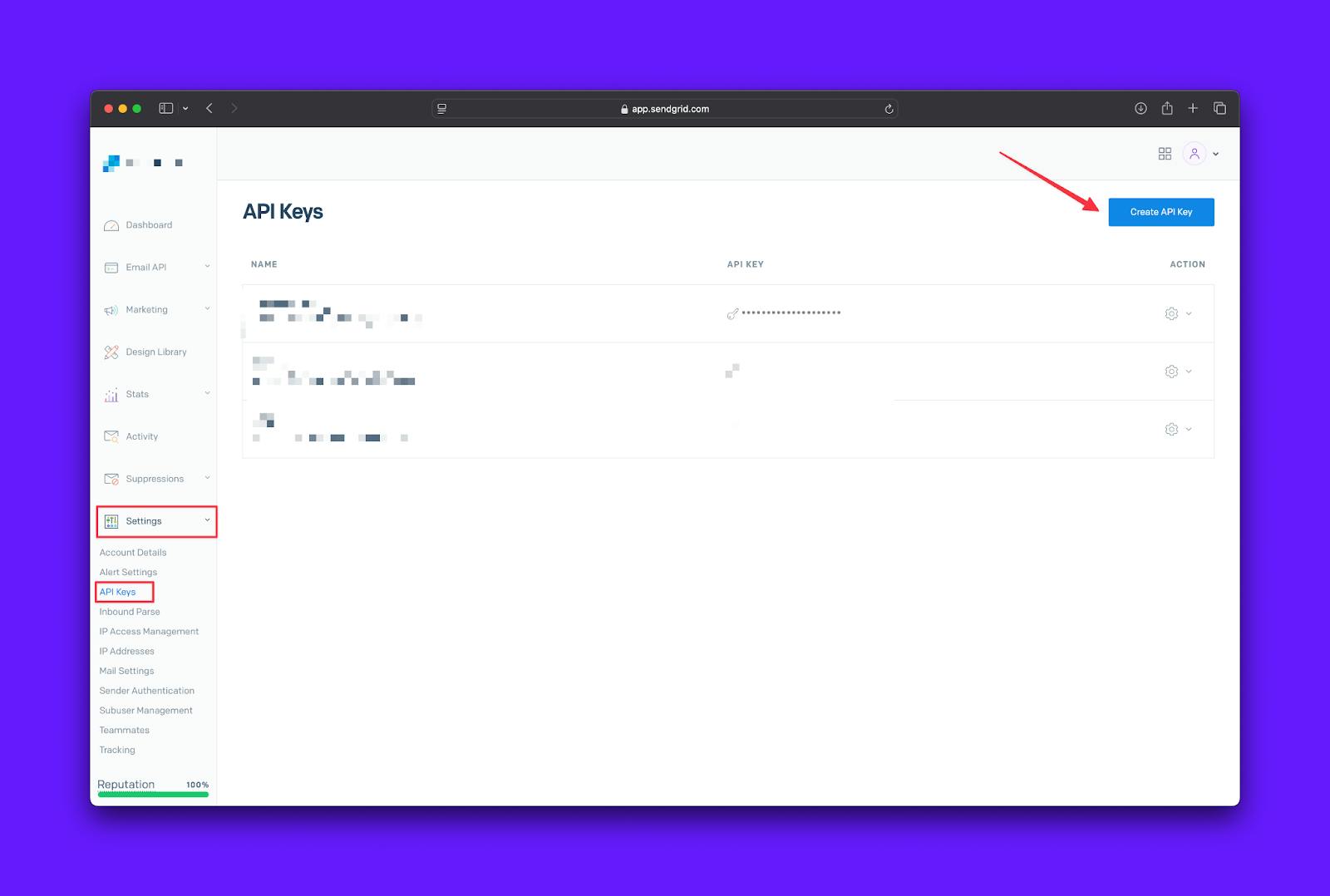 Screenshot demonstrating how to create a Sendgrid API key.