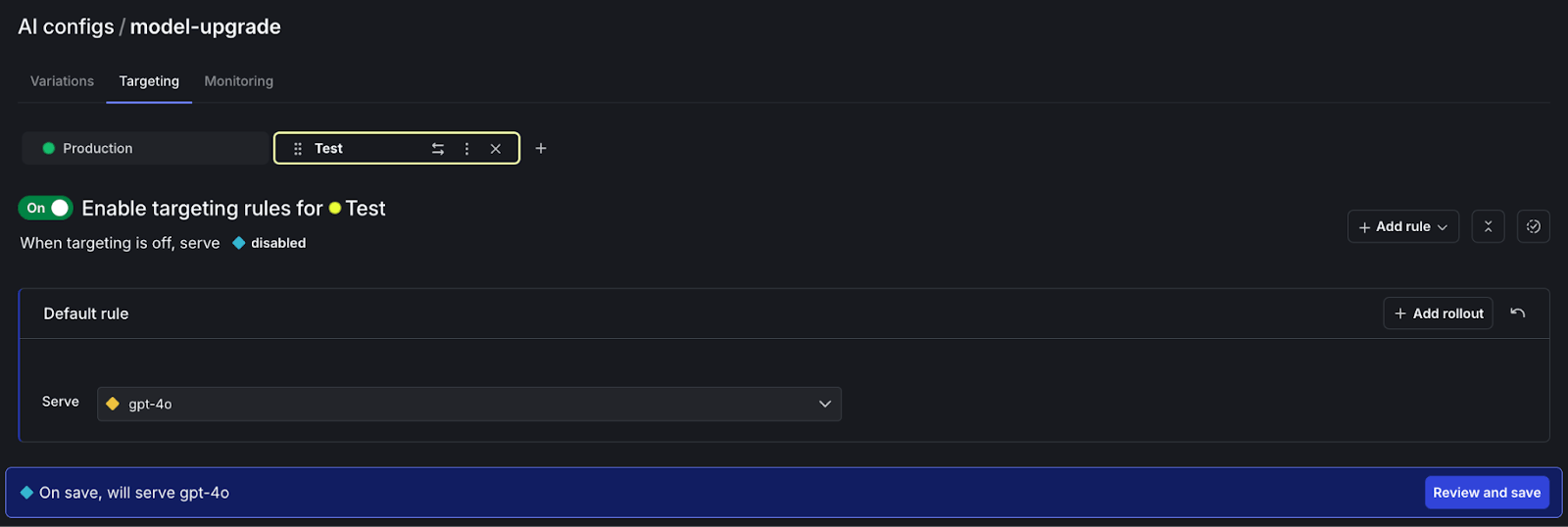 targeting section for the ai config enabling targeting rules with toggle on