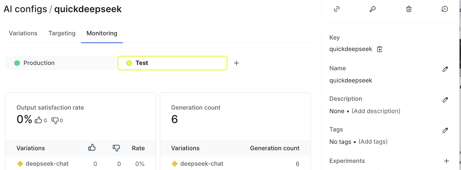 ai configs ai metrics page with generation count of 6