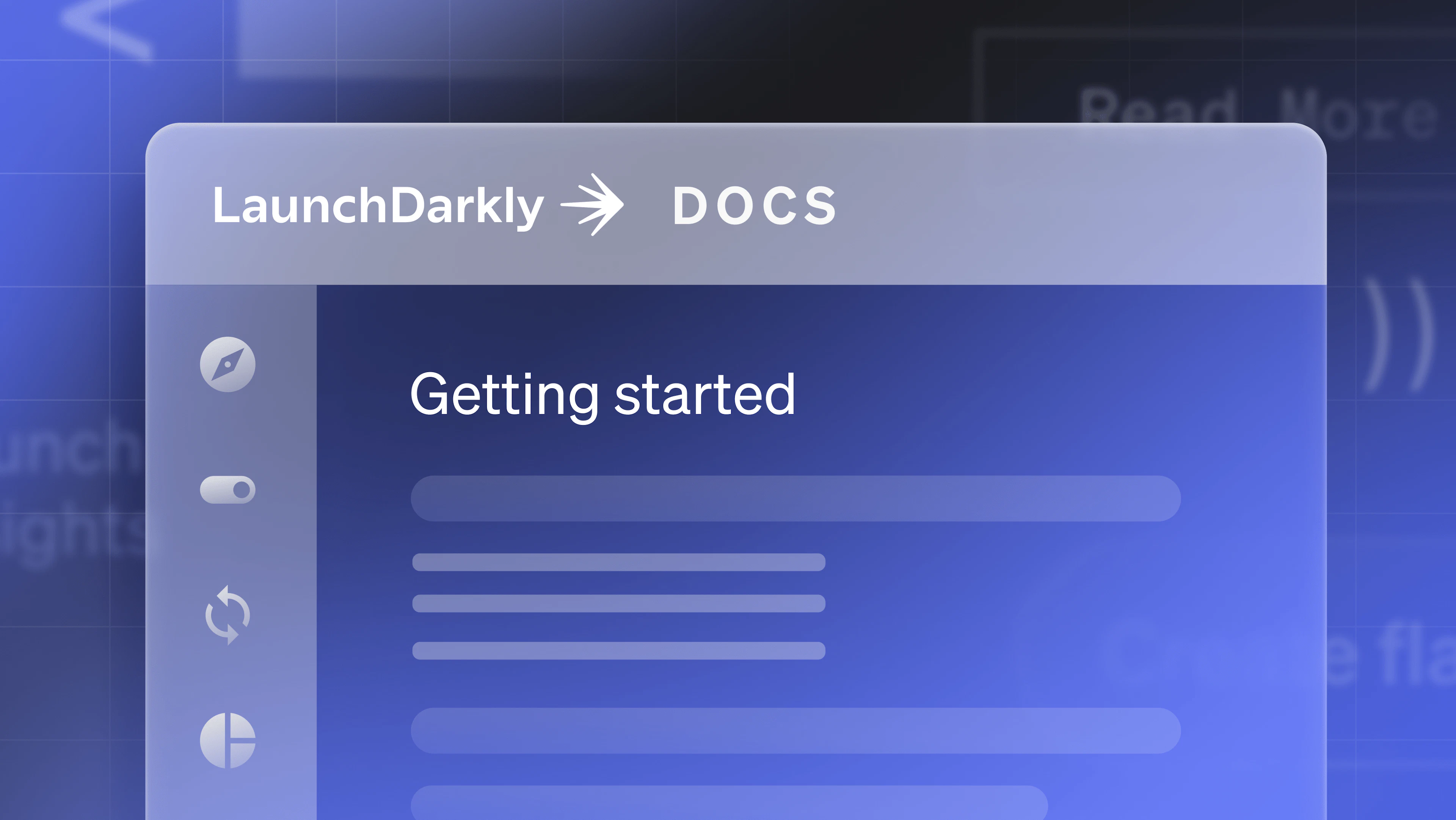 An image of a LaunchDarkly documentation page, in gradient hues of dark blue, with the header "Getting started" at the top and common icons, such as a compass, a toggle, and a reload button, in the left nav bar.