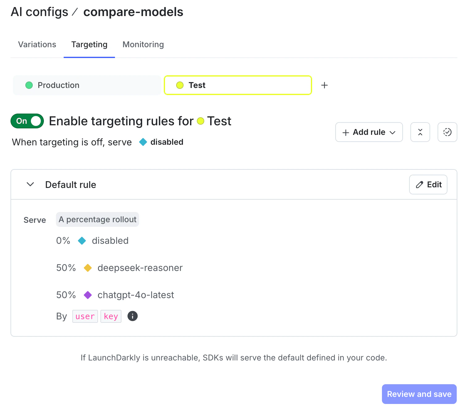 enable targeting rules and 50/50 percentage rollout