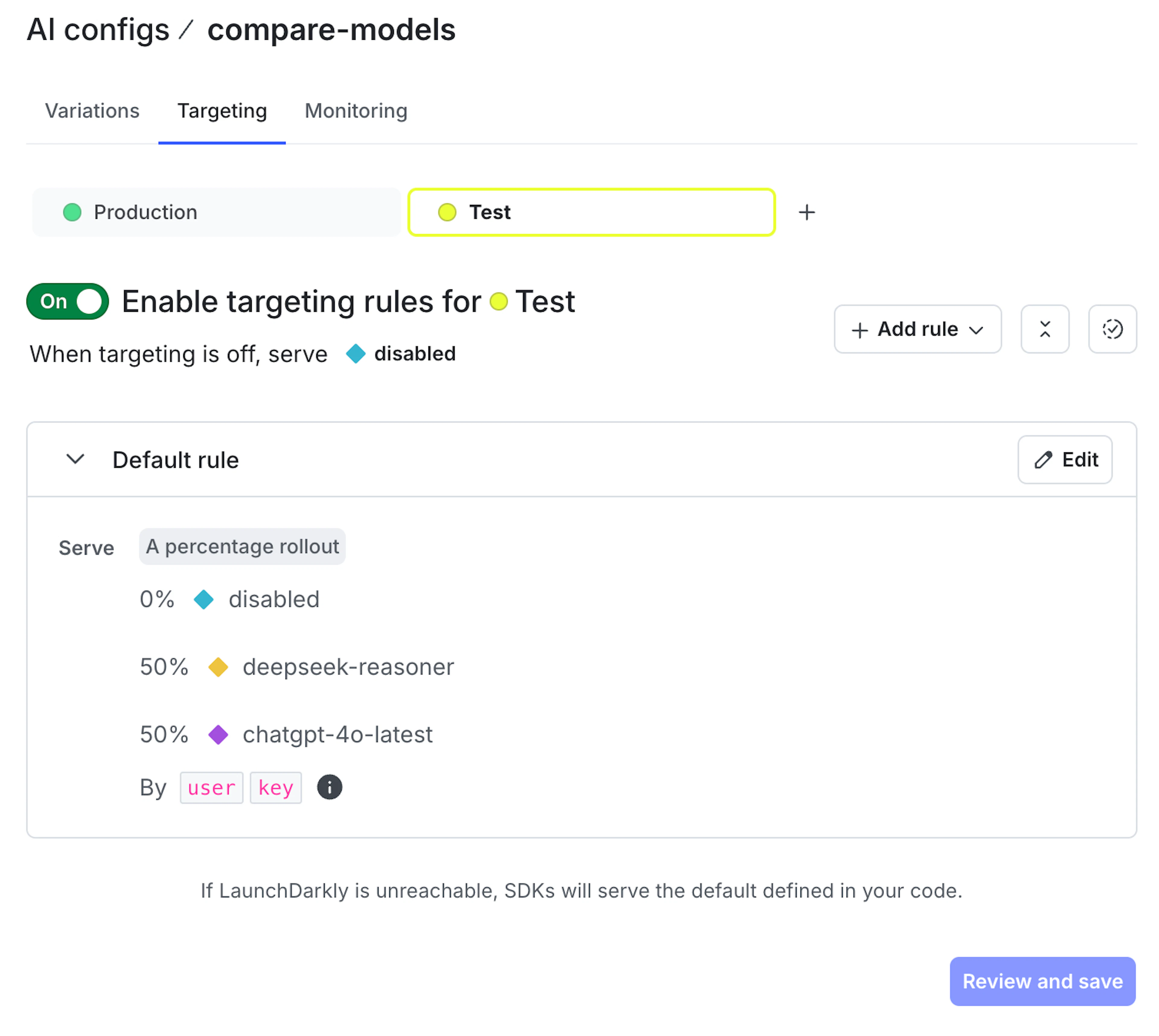 enable targeting rules and 50/50 percentage rollout 