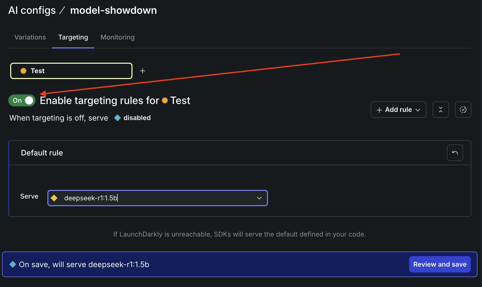 Screenshot showing the Targeting tab for LaunchDarkly AI configs, including a big ol' green toggle that is On, and a default rule serving the DeepSeek model.