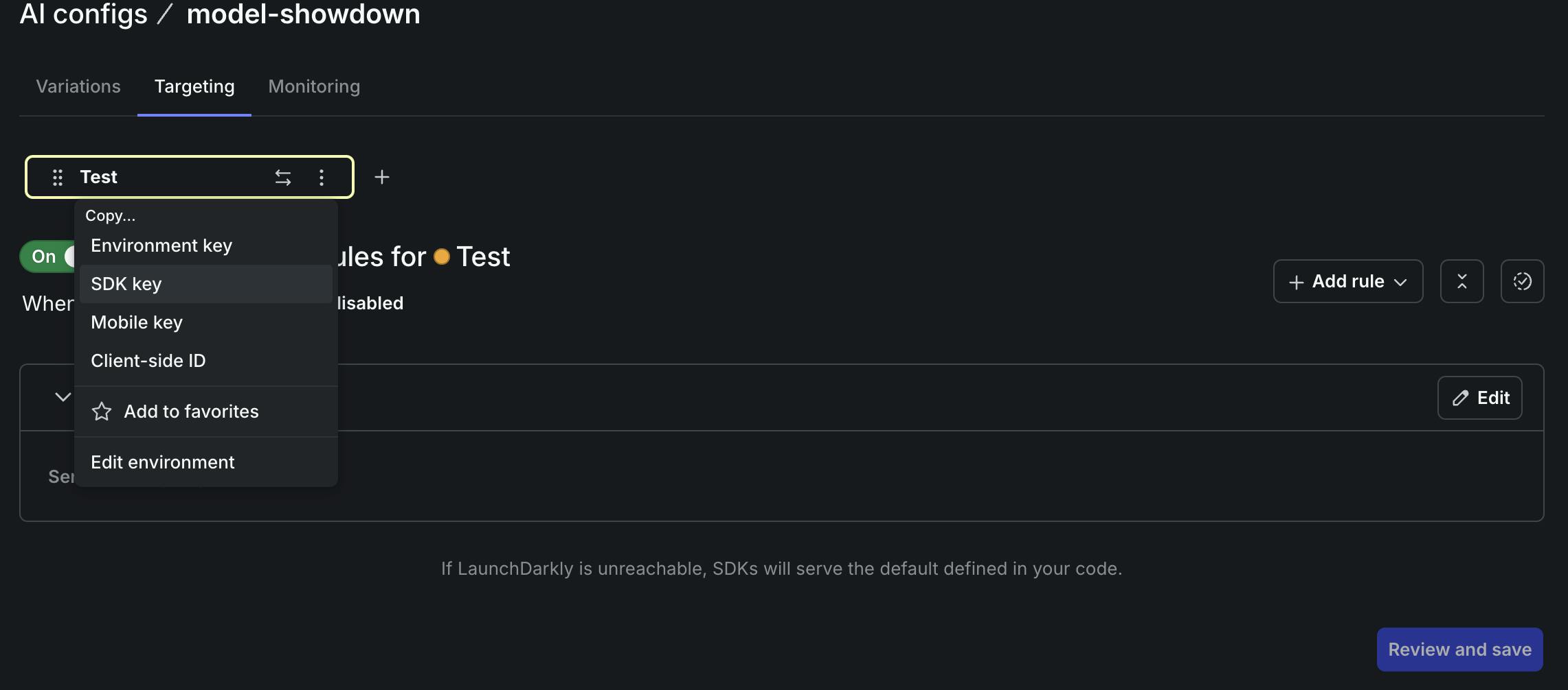 Screenshot demonstrating where to copy the SDK key from the LaunchDarkly UI.