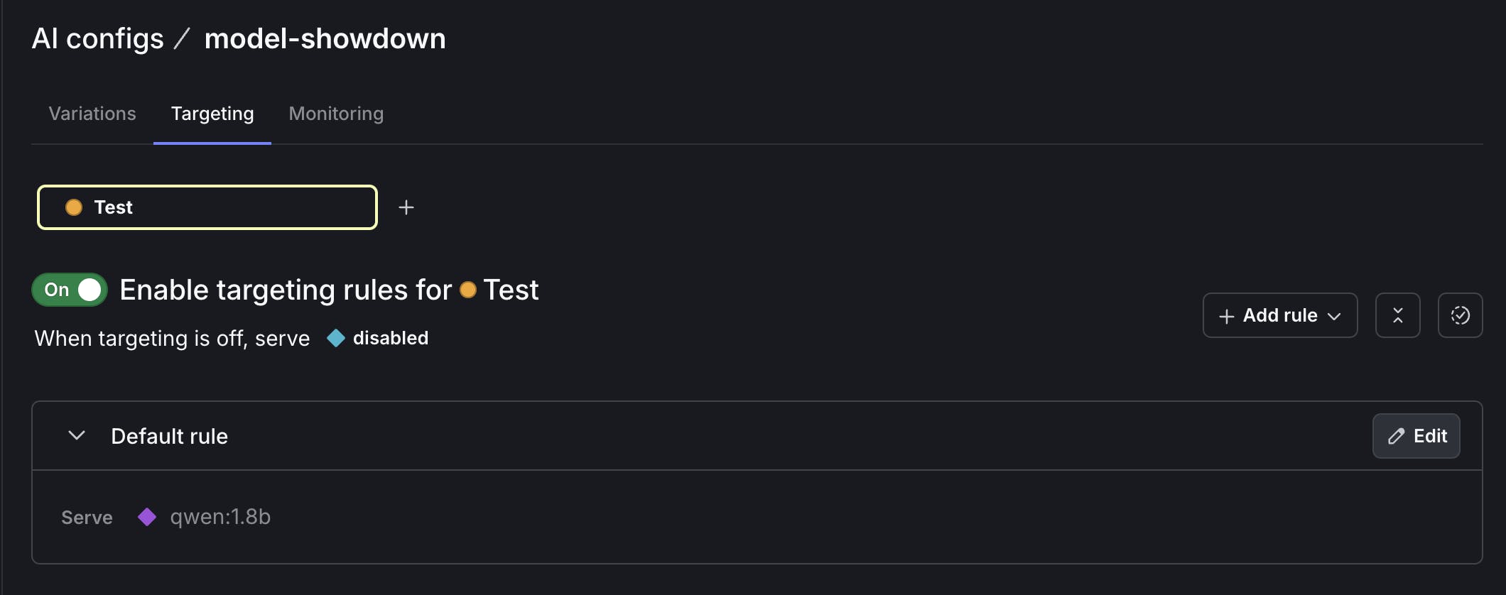 Screenshot demonstrating how to update the LaunchDarkly AI config to serve the Qwen:1.8b model variation to 100% of users.