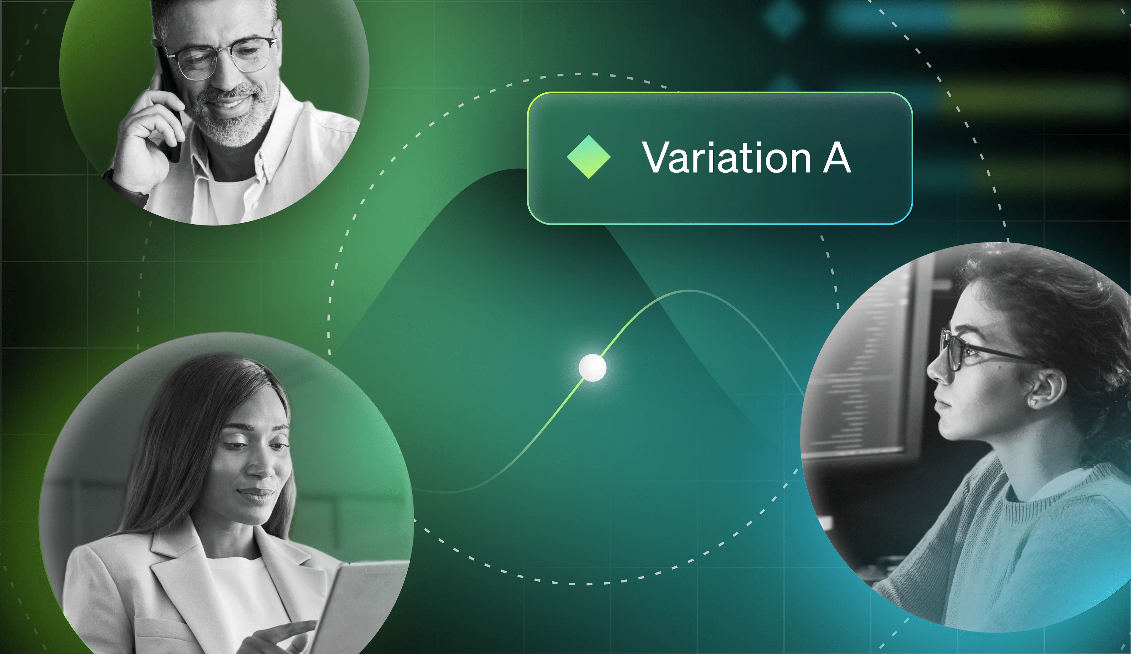 A graphic showing three colleagues looking toward screens, assumedly collaborating on experiments around a software release. A heading over the graphic reads "Variation A."