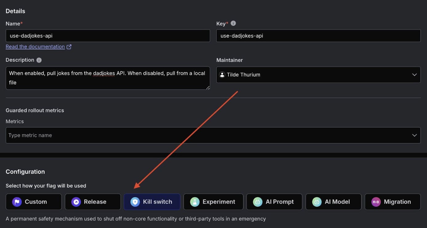 Screenshot of the configuration page for a Kill Switch LaunchDarkly feature flag.