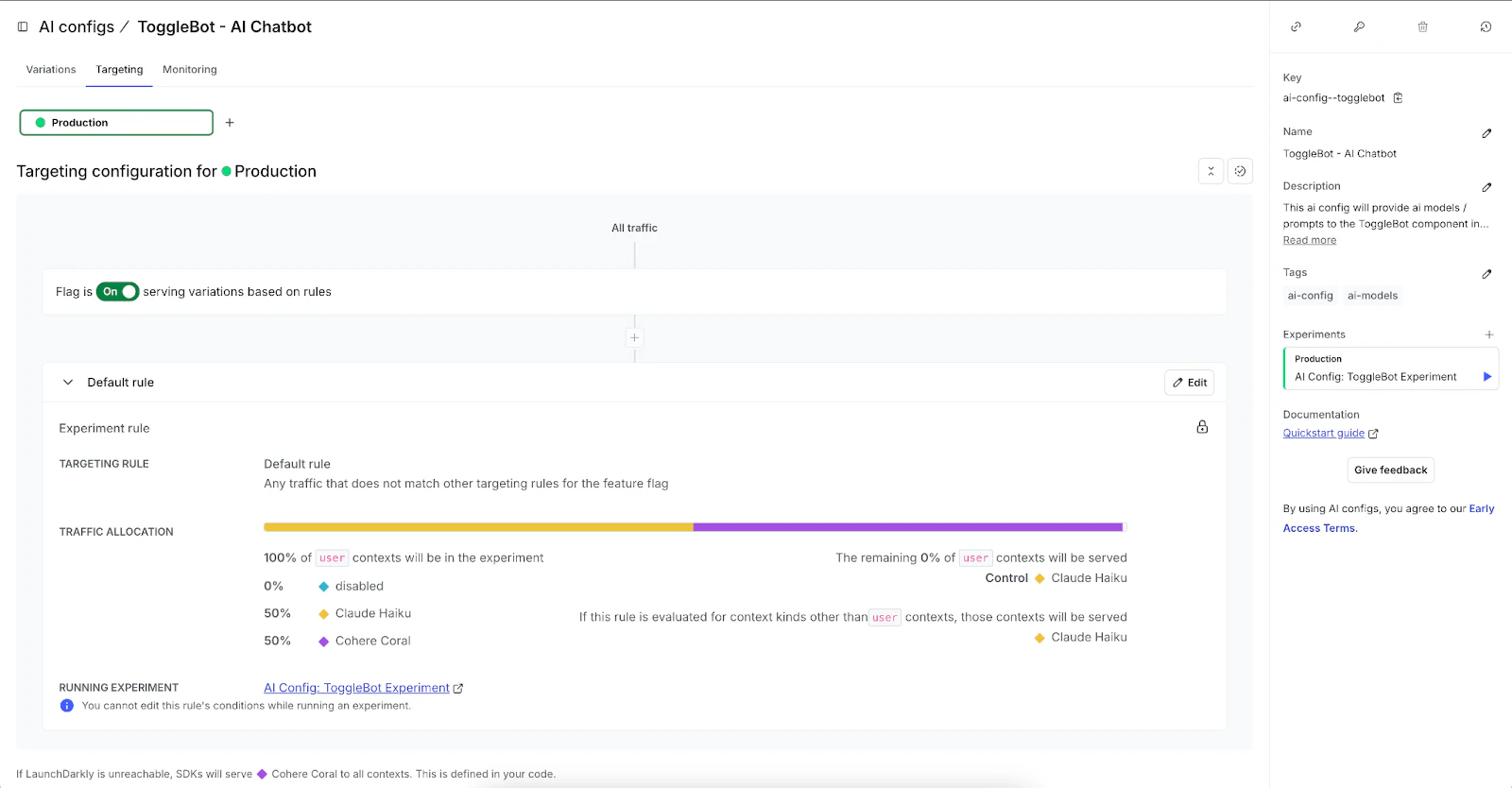 A screenshot showing an area in the product UI containing configuration settings for the "AI Config Togglebot Experiment."