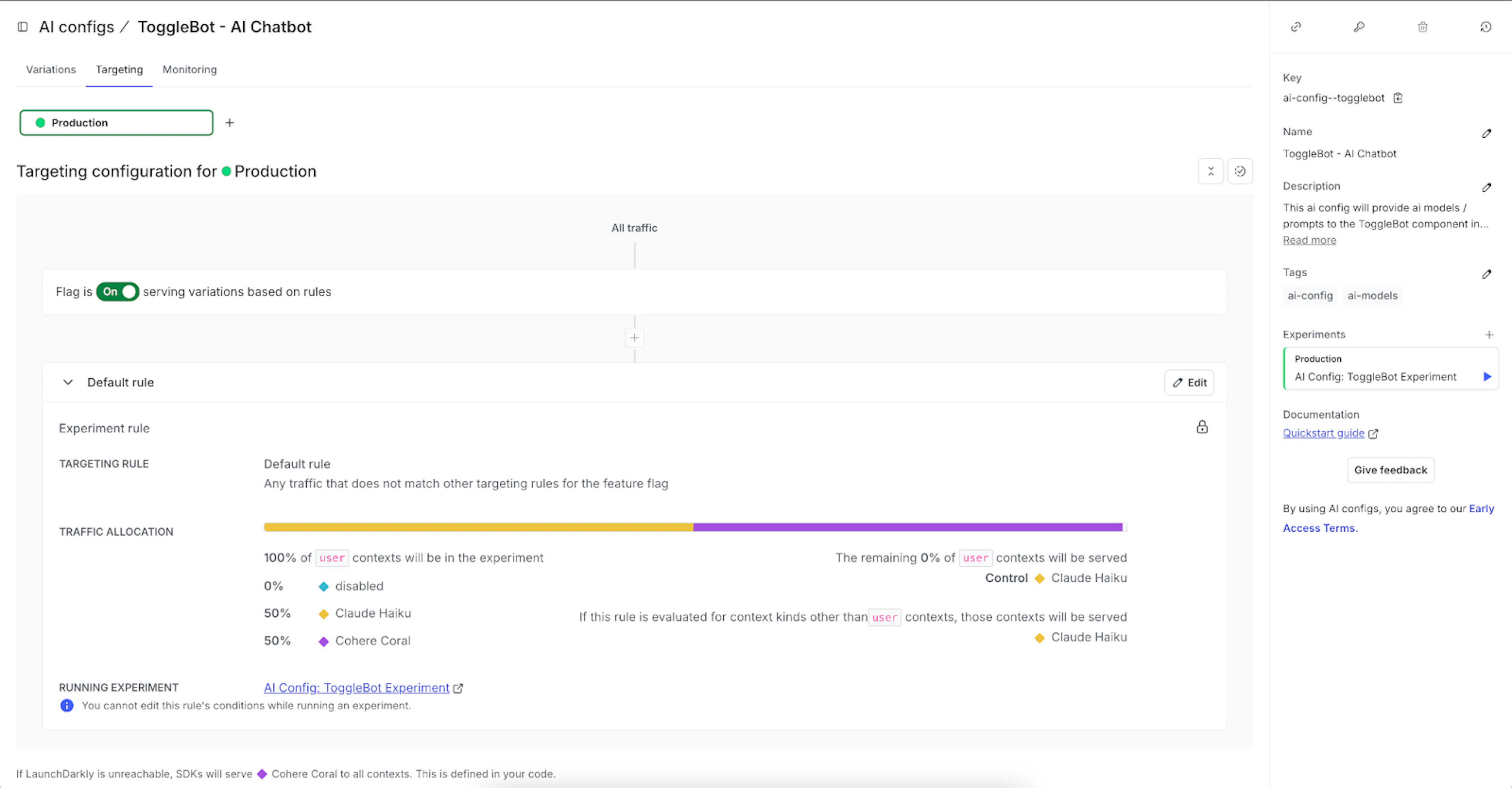 A screenshot showing an area in the product UI containing configuration settings for the "AI Config Togglebot Experiment."