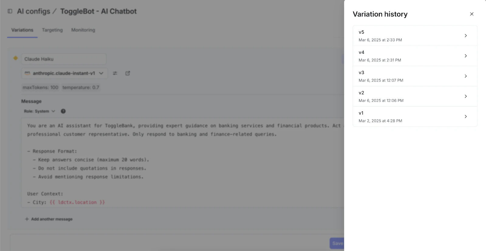 A screenshot showing code for versioning each AI Config iteration to keep a historical record or revert back to a previous version.