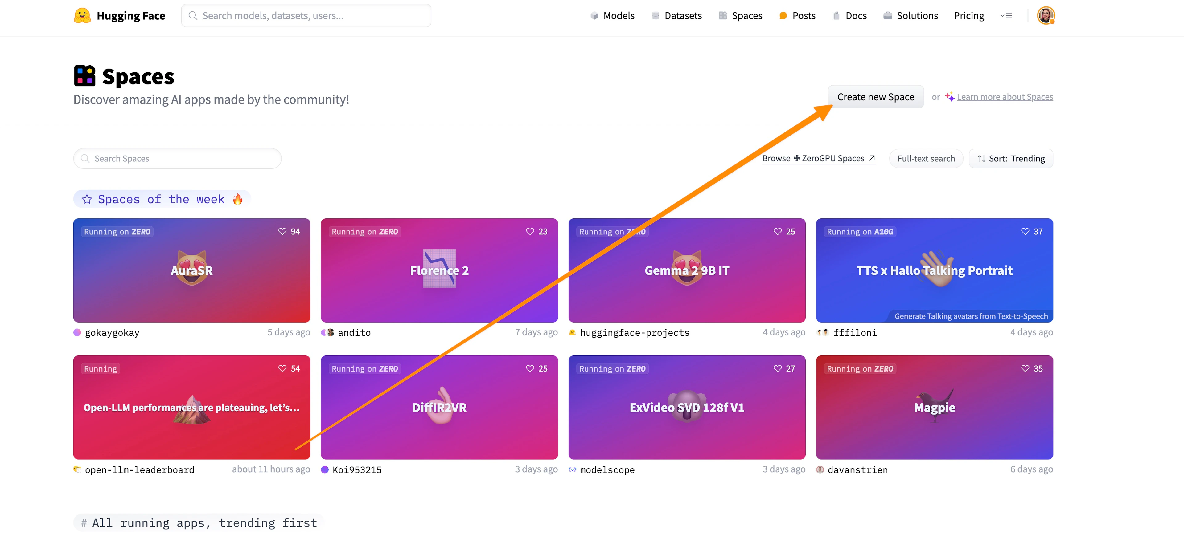 The image shows the Hugging Face Spaces homepage, where various AI applications created by the community are showcased. In the top right corner of the page, there is a prominent "Create new Space" button highlighted with an orange arrow. The page also features trending apps of the week, each represented by colorful cards with titles and user names.
